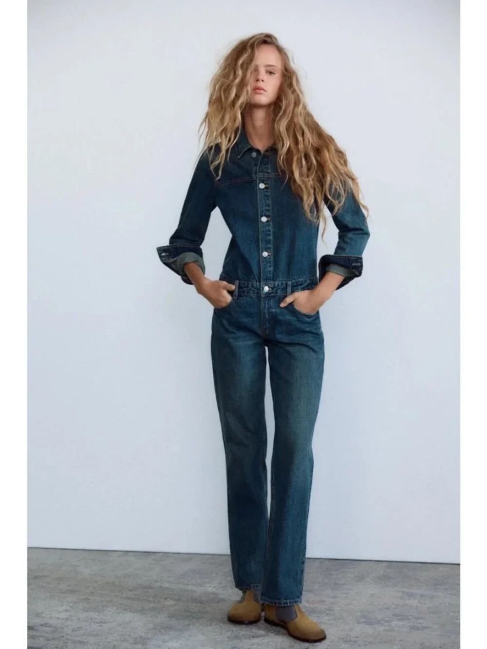Zara Womens Jumpsuit Medium Blue Denim Long Sleeve Straight Leg 4365/283 NWT